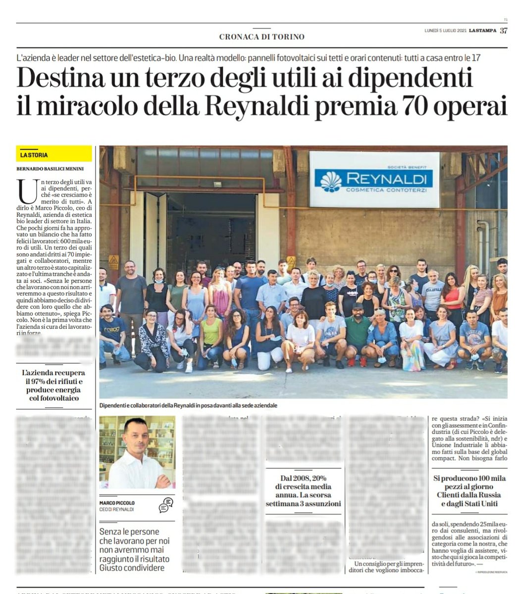 UITORINO's tweet photo. 🗞️#rassegnastampa: #Reynaldi su @StampaTorino. @MarcoPiccoloRey «se cresciamo è merito di tutti», per questo quest'anno un terzo degli utili andrà ai dipendenti.
Una conferma che una #PMI come la Reynaldi può essere leader nelle azioni di welfare e #sostenibilità.
#UiSocial https://t.co/RkPe32nD5G