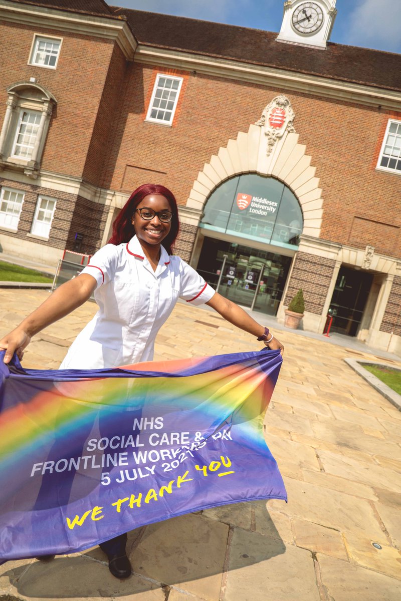 On the <a href="/NHSuk/">NHS</a>'s 73rd birthday, we're flying the flag to celebrate #NHSFrontlineDay for our NHS, Social Care and Frontline heroes 💙 A huge shout out to our #TeamMDX staff and students who’ve worked on the frontline this past year, and continue to make a difference every day ❤️