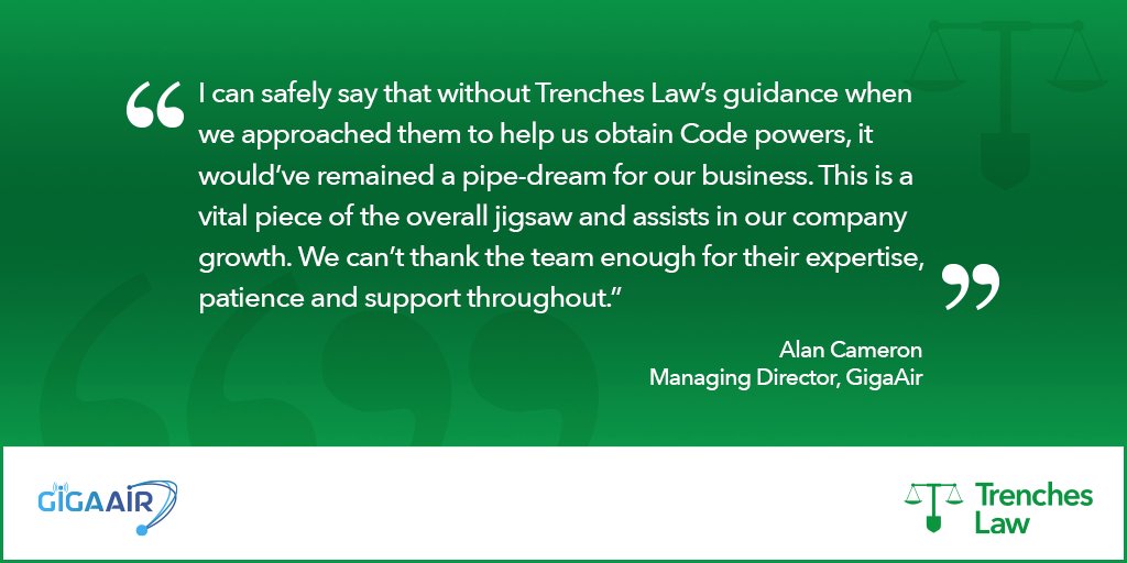 TrenchesLaw's tweet image. Applying for Code powers is often complex.

When @GigaairLtd asked for our help throughout the process, we knew exactly how to make it easy.

#MondayMotivation #HappyClient #CodePowers
