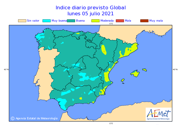 AEMET_Esp's tweet photo. #PredicciónAEMET Índices de #CalidadDelAire previstos hoy y mañana https://t.co/ABlbBKdx5i https://t.co/zFpqL6TZfq