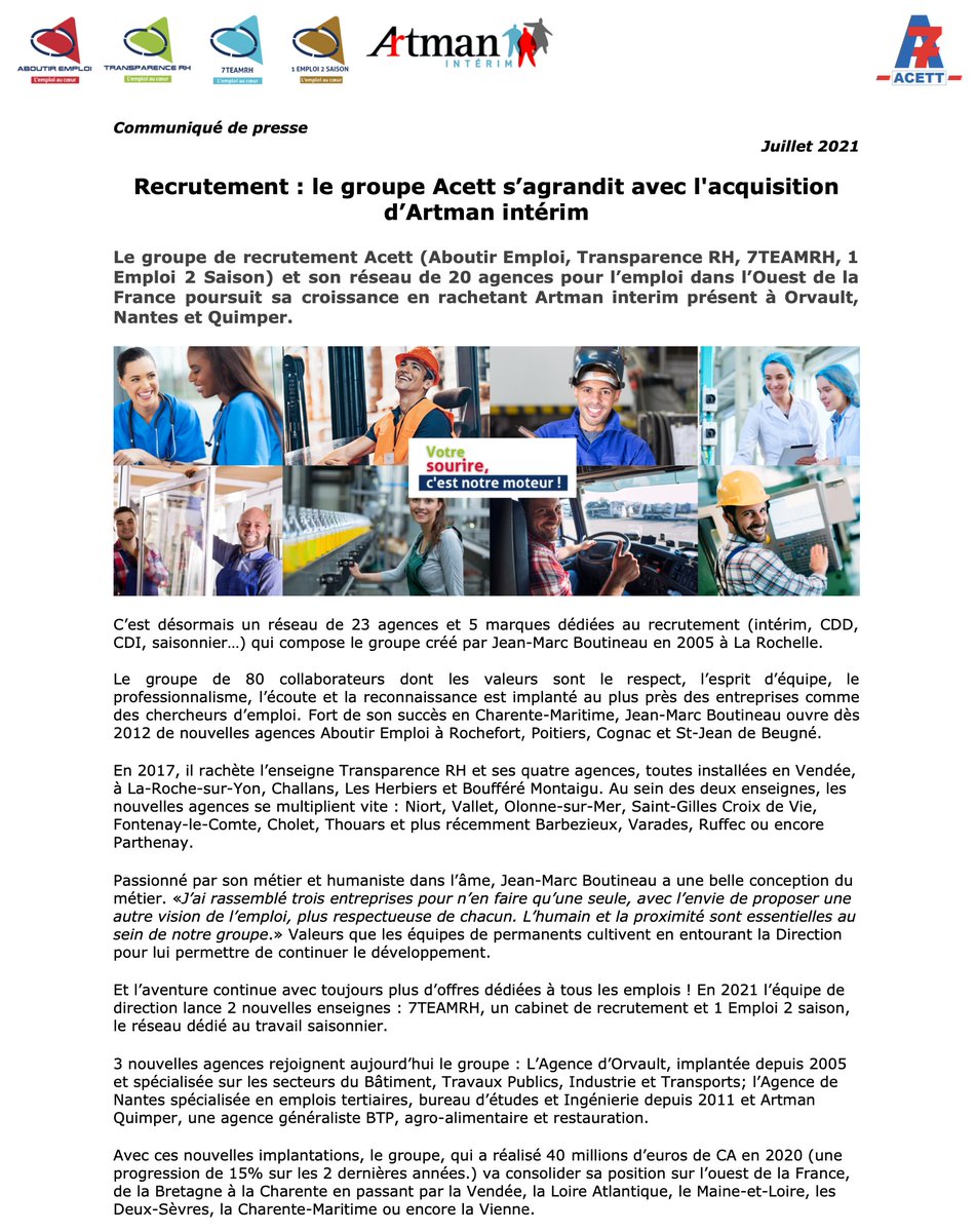 Groupe Aboutir Emploi (@groupeaboutir) on Twitter photo 🎉 <a href="/GroupeAboutir/">Groupe Aboutir Emploi</a> et son réseau de 20 agences pour l’#emploi poursuit sa croissance en rachetant #Artman interim présent à #Orvault, #Nantes et #Quimper. 🎉
🤝 C’est désormais un réseau de 23 agences et 5 marques dédiées au recrutement qui compose le groupe. 🎉 <a href="/GroupeAboutir/">Groupe Aboutir Emploi</a> et son réseau de 20 agences pour l’#emploi poursuit sa croissance en rachetant #Artman interim présent à #Orvault, #Nantes et #Quimper. 🎉
🤝 C’est désormais un réseau de 23 agences et 5 marques dédiées au recrutement qui compose le groupe.