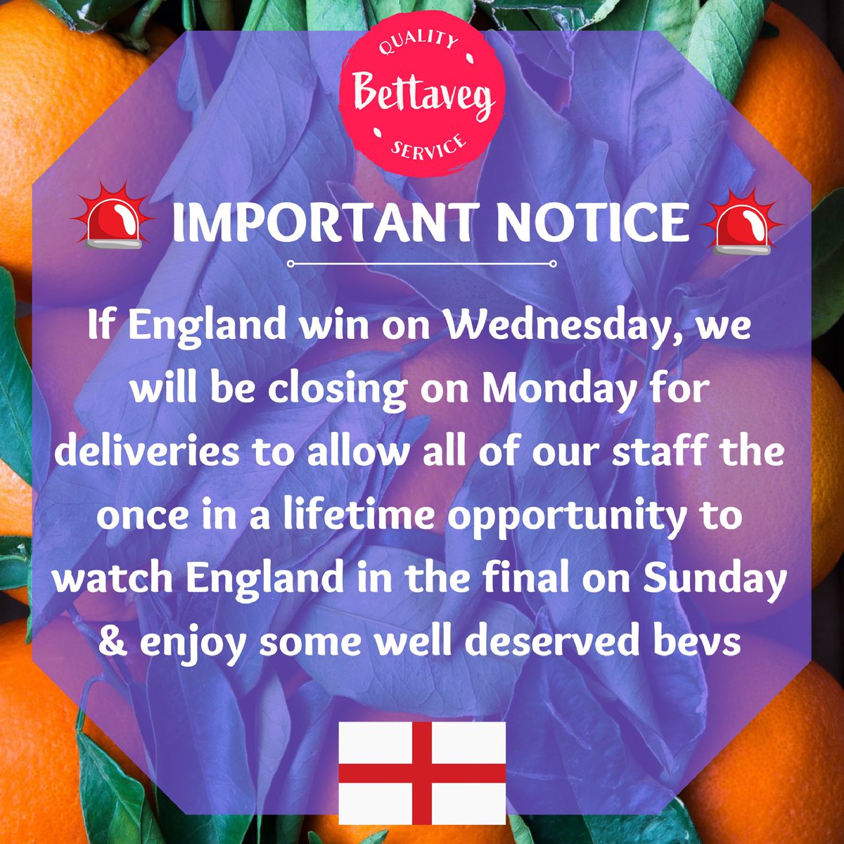 Heads up to all of our customers, we will be giving all staff a day off on Monday if England get into the final as a thank you for their continued hard work. We will be back open for deliveries on Tuesday. We appreciate your understanding ⚽️🏴󠁧󠁢󠁥󠁮󠁧󠁿