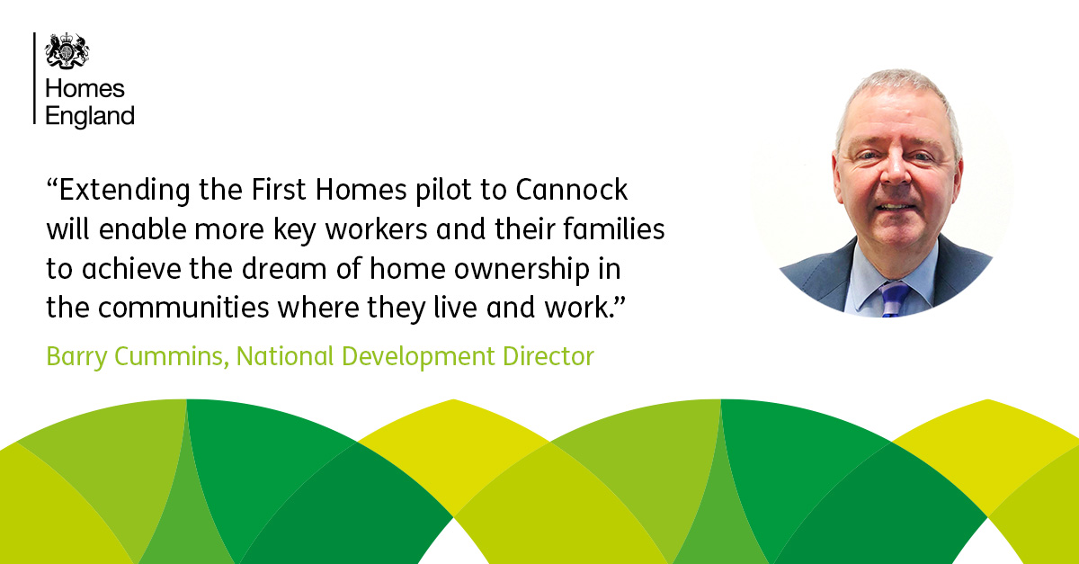 The government’s latest First Homes pilot site launched in Cannock on Friday. Our National Development Director <a href="/BarryCummins10/">Barry Cummins</a> visited the site with <a href="/RobertJenrick/">Robert Jenrick</a> &amp; partners @teamvistryp &amp; <a href="/CannockChaseDC/">Cannock Chase Council</a> to see how we’re #makinghomeshappen for key workers in their communities.