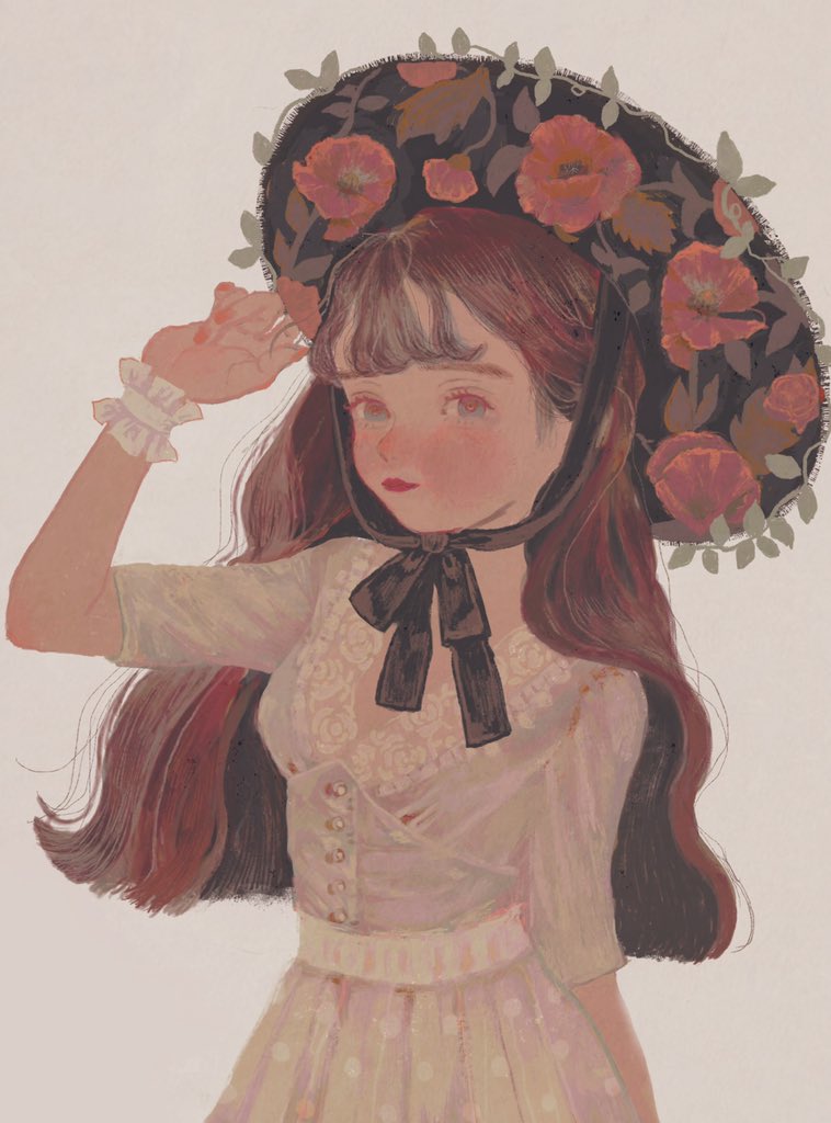 1girl solo long hair dress brown hair flower hat  illustration images
