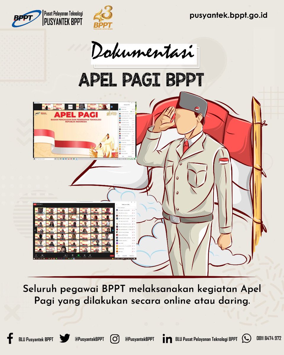 PusyantekBRIN's tweet image. Dokumentasi dari pelaksanaan Apel Pagi Sesuai Surat Edaran Menpan RB No. B/81/M.KT.00/2021 yaitu Seluruh pegawai BPPT melaksanakan kegiatan Apel Pagi yang dilakukan pada kediaman dan tempat masing-masing.

#BPPTSolidSmartSpeed
#pusyantekbppt
#InovasiIndonesia
#teknologi