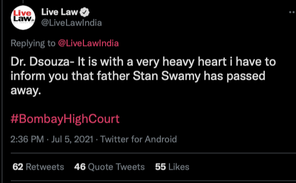 meenakandasamy's tweet photo. 84-year-old Jesuit Father #StanSwamy has passed away. Let us not talk about this as mere death. This is a judicial murder--and everyone is complicit: NIA, Modi- Shah, the judiciary that never saw the nonsense-upon-stilts which was Bhima Koregaon case, jails, ruling class &amp; media https://t.co/P8x2PHhBce