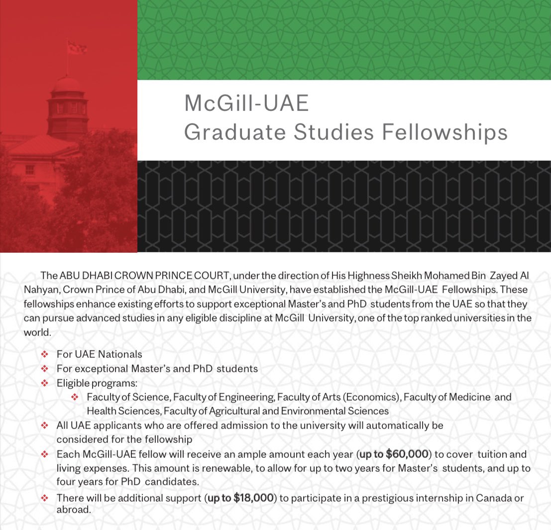 The Department of Graduate and Postdoctoral Studies at McGill University <a href="/mcgillu/">McGill University</a> is offering virtual meetings to learn more about the university.
You can register no later than July 12 at this link: mcgill.ca/gps/mcgill-uae…

For any questions contact uaefellowship.gps@mcgill.ca