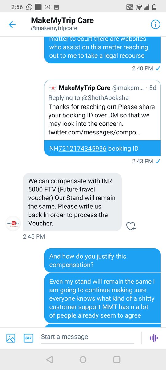 ShethApeksha's tweet photo. @makemytripcare @consumercourtin This is the customer service experience - rude and curt with aggrieved customers. Absolutely nonsense to not even call to discuss the whole matter!!! https://t.co/xdQIkL2LX1