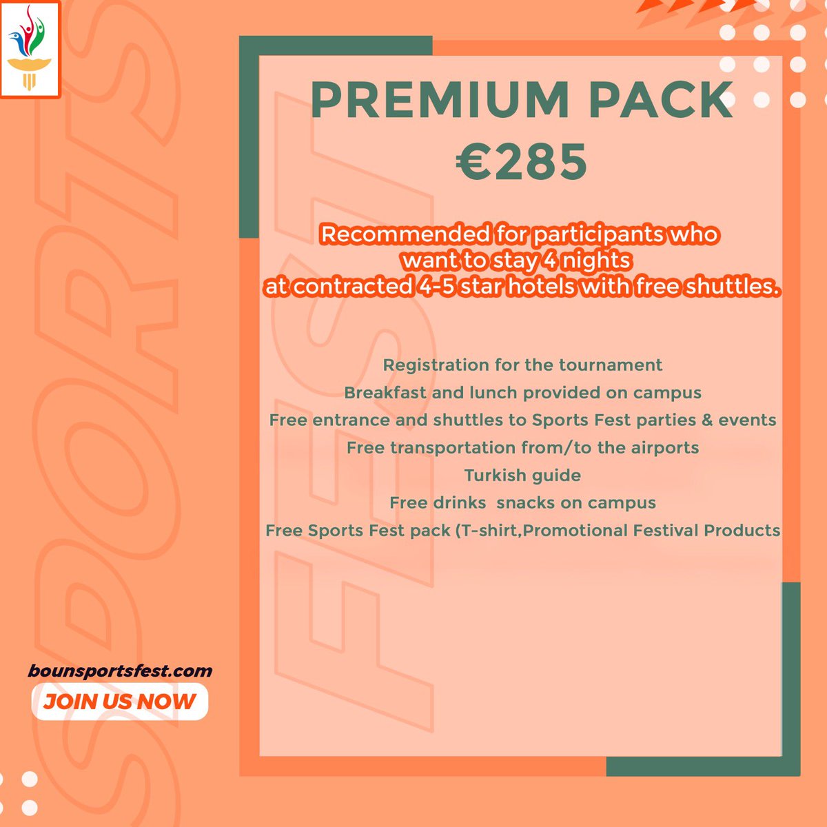 The 40th Sports Fest is about to happen!🎉🎊

There are various types of packages to suit every demand.
To participate in our Sports Fest 2021 between 19-22th August, choose the package and experience limitless entertainment in Istanbul.

For more info: bounsportsfest.com