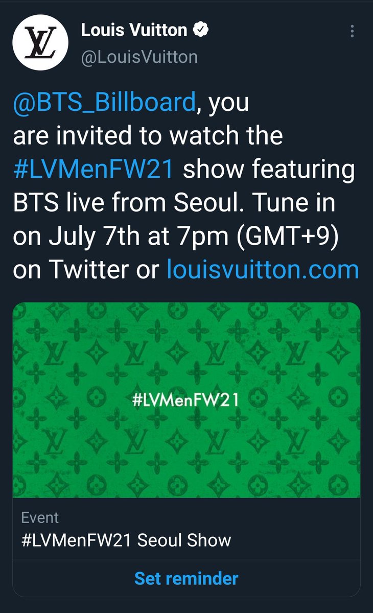 BTS_Billboard's tweet photo. Have you got your invitation to watch the #LVMenFW21 show in Seoul, featuring @BTS_twt?

It will start at 7PM KST on July 07!

🔗 Link to watch: https://t.co/Ek9nIMmswF https://t.co/3EW2DOewup