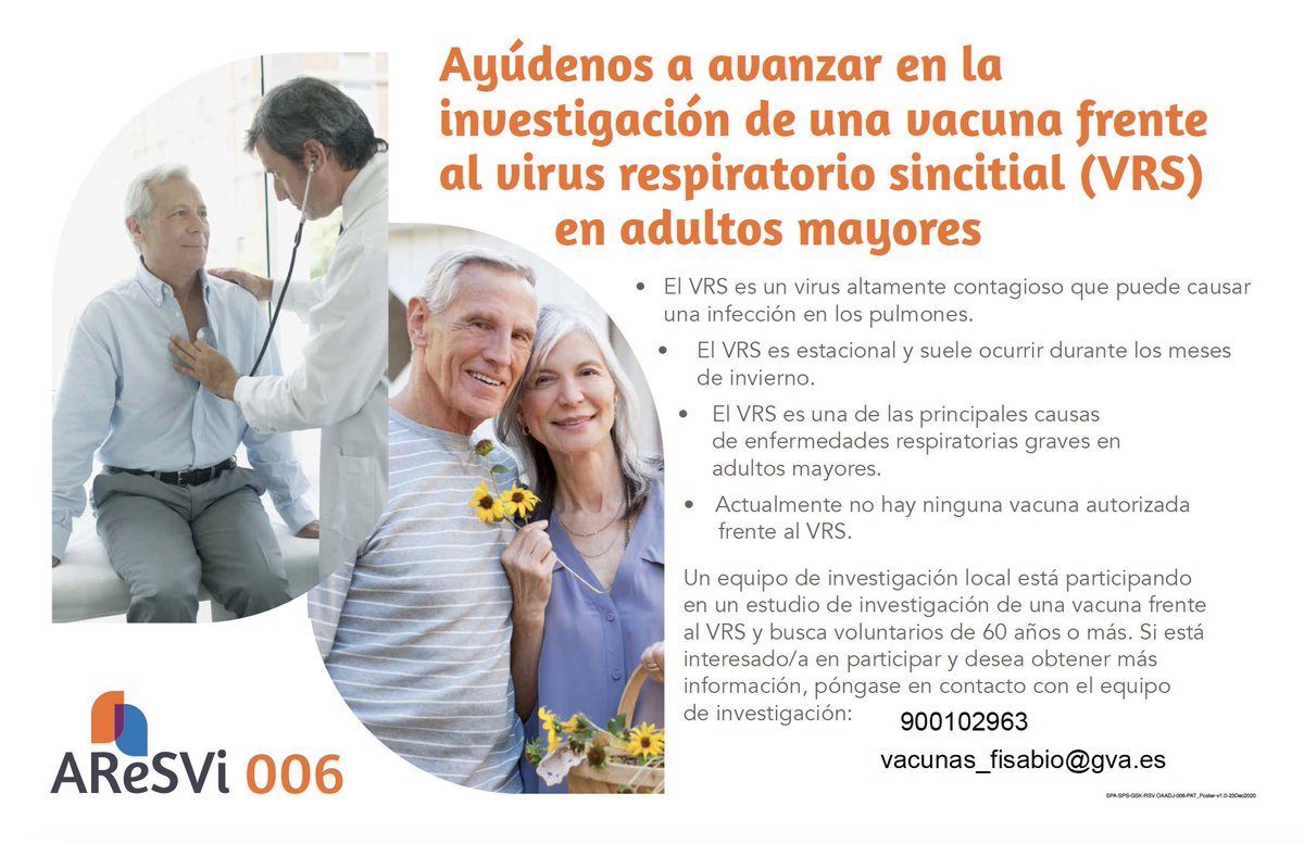 Estudio | Arranca el reclutamiento de un ensayo clínico para estudiar una nueva #vacuna frente al virus respiratorio sincitial en personas mayores de 60 años.

➡️ Si te interesa o a alguien de tu entorno, contáctanos de manera gratuita en 900102963 o en vacunas_fisabio@gva.es.