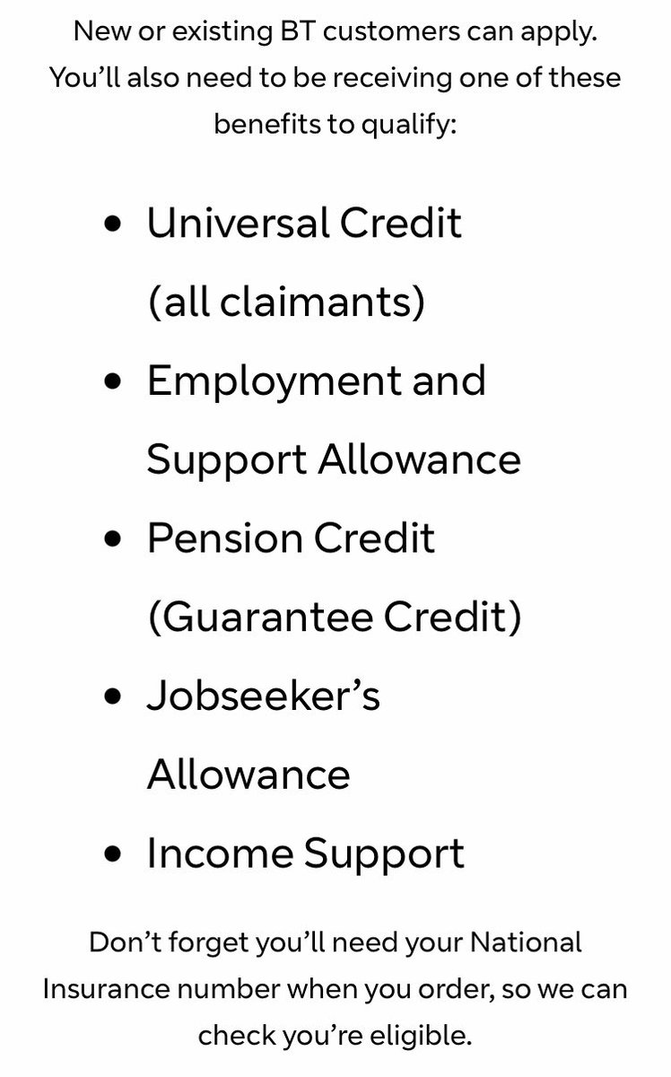 ng_homes's tweet image. BT has launched a ‘social tariff’ aimed at those on benefits/low incomes. The £15 a month broadband & phone tariff will allow qualifying customer to halve their internet bill. To qualify you must be in receipt of a benefit, visit their website for info: bit.ly/3qKOwm7