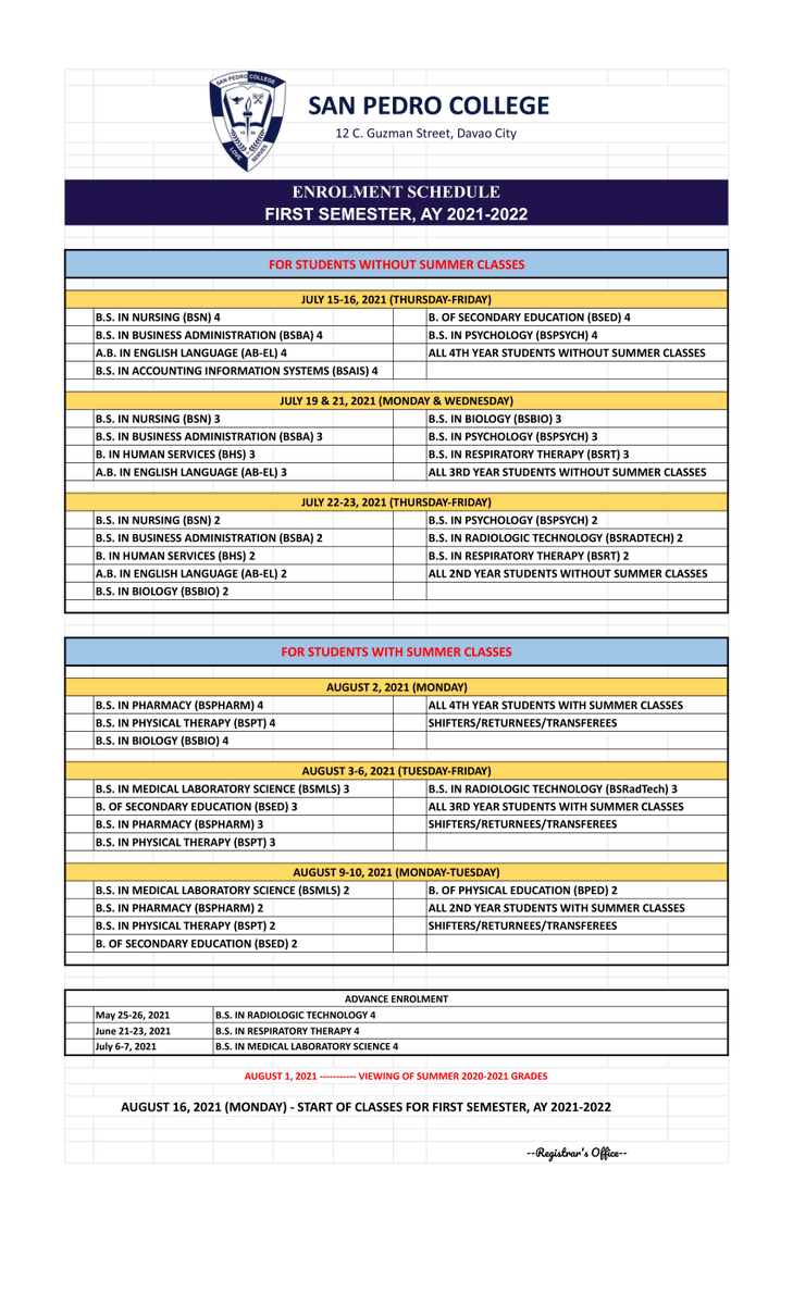 CollegePedro's tweet photo. 𝗘𝗡𝗥𝗢𝗟𝗠𝗘𝗡𝗧 𝗦𝗖𝗛𝗘𝗗𝗨𝗟𝗘
FIRST SEMESTER, AY 2021-2022. 👇 https://t.co/56OhirUVM0