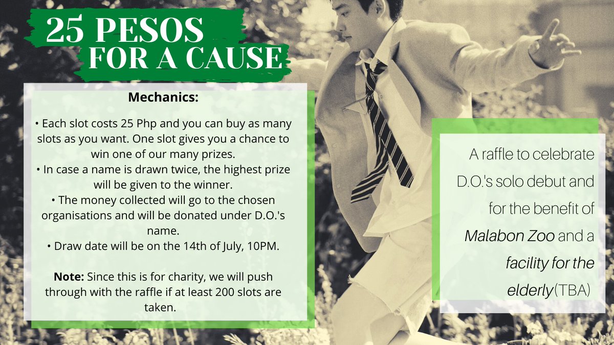 🔸25 PESOS FOR A CAUSE🔸 A raffle to celebrate D.O.'s solo debut and for the benefit of Malabon Zoo and a facility for the elderly Click the link below for a more info and to join: forms.gle/aR9kR2ge96CZgL… #exo #엑소 #엑소디오 #경수 #디어 #kyungsoo #공감 #DO_SOLOISCOMING