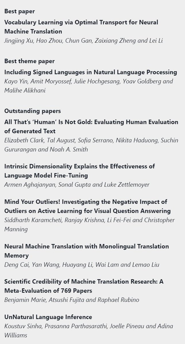 sameer_'s tweet photo. The best paper awards for ACL 2021 are out! @aclmeeting #NLProc #ACL2021 
https://t.co/IbyOK0L9Xx https://t.co/qm5pl1uE8p