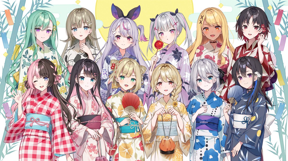 kimono multiple girls japanese clothes blonde hair 6+girls pink hair black hair  illustration images