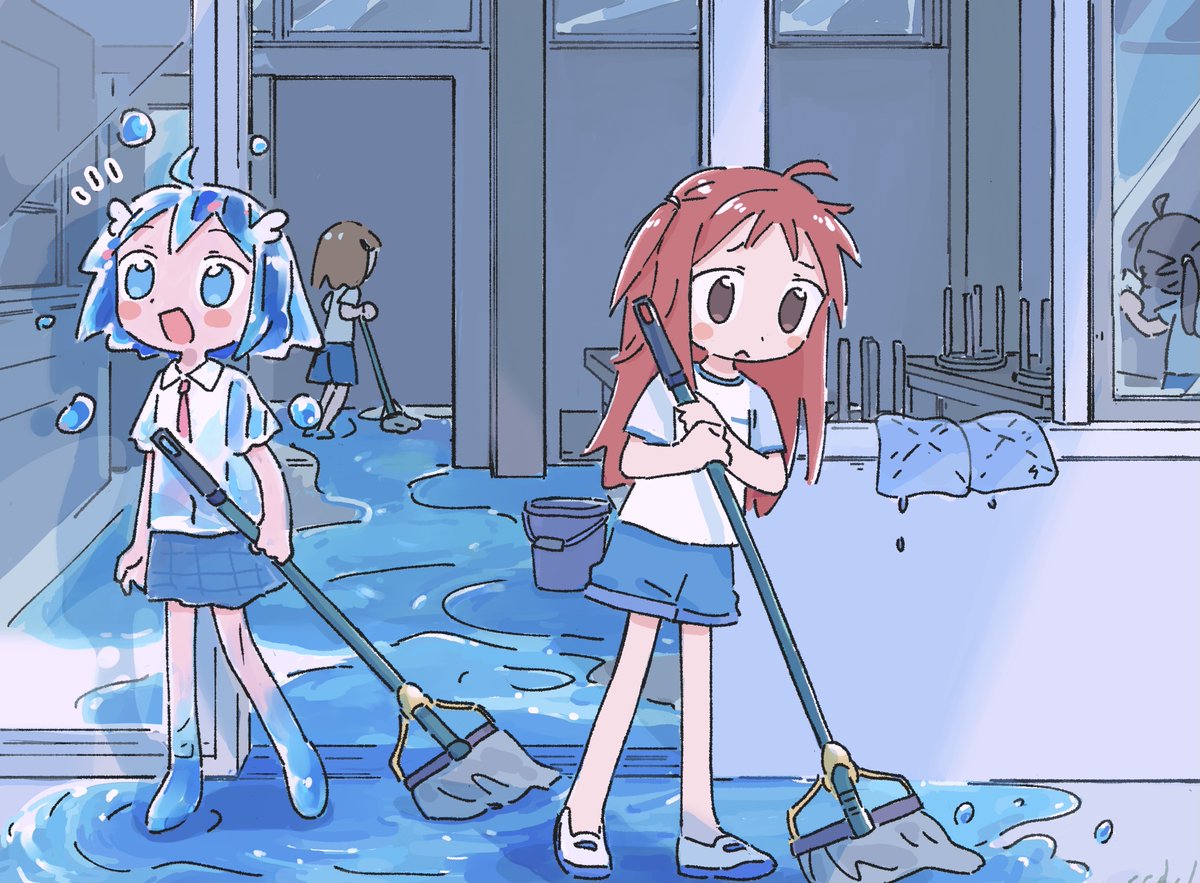 multiple girls bucket mop blue hair liquid hair blush stickers short hair  illustration images