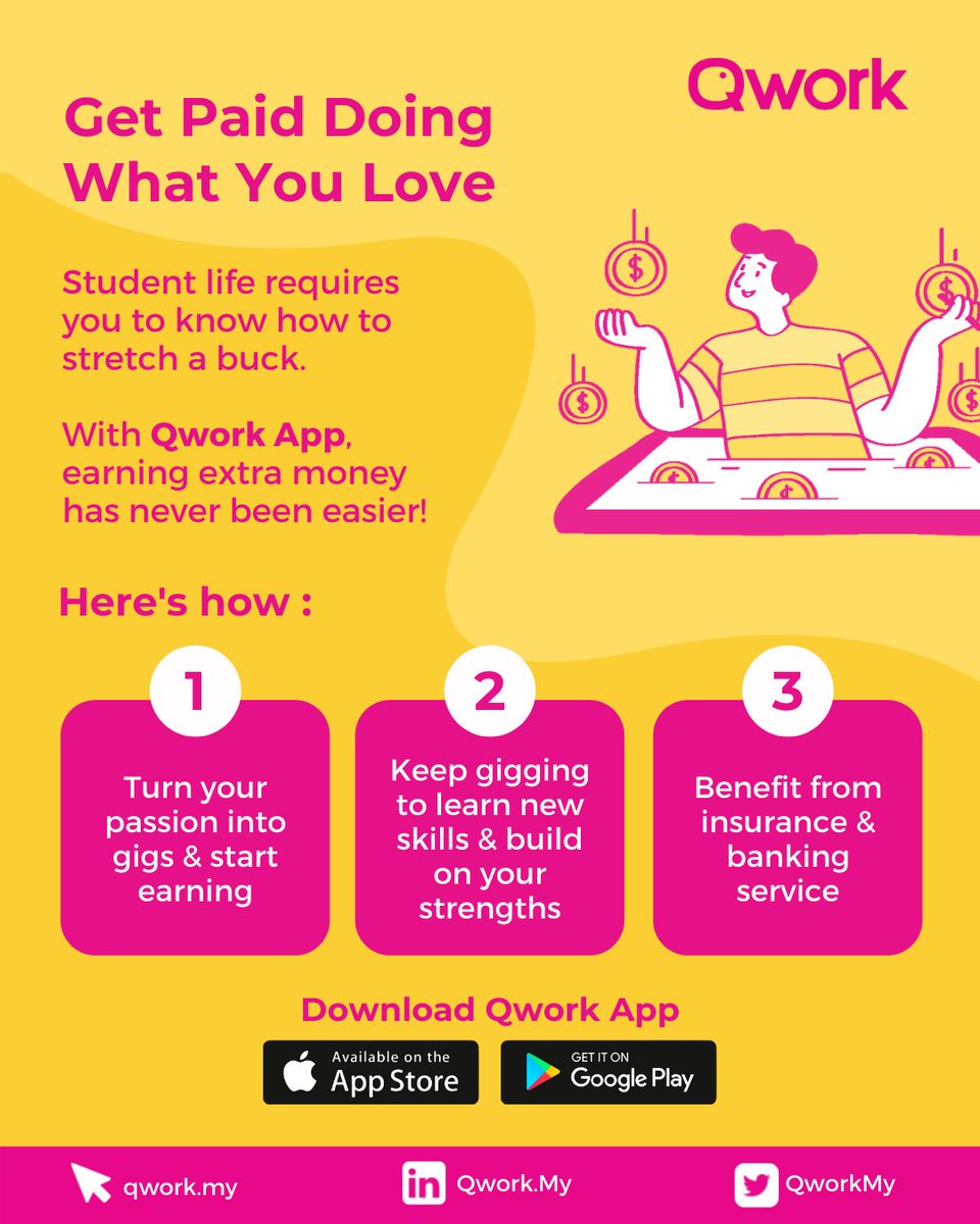 Want to get hired for the work you love?✨❤️ Start gigging with Qwork App! Everyone deserves to work on the kinds of gigs they love 😉.

✅ Get Qwork App to start earning from gigging: buff.ly/3AaqogR

#NavigatingTheGigEconomy #FutureOfWork #freelancemalaysia