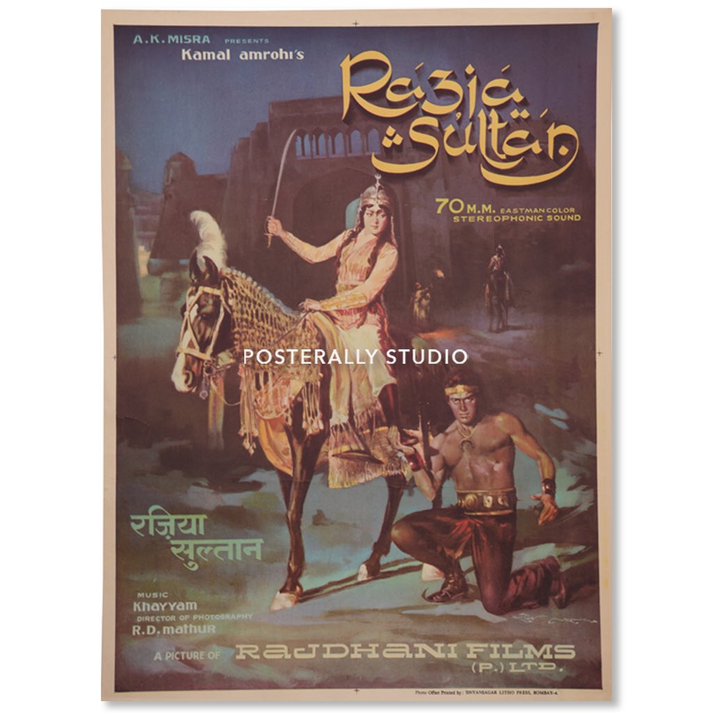Original Bollywood Poster of Razia Sultan starring <a href="/dreamgirlhema/">Hema Malini</a> , <a href="/aapkadharam/">Dharmendra Deol</a> and Parveen Babi. Directed by Kamal Amrohi. 
Get vintage Bollywood posters at posterally.com. 100% authentic, shipping worldwide.
#Bollywood #vintage #vintagemovies #Dharmendra #HemaMalini
