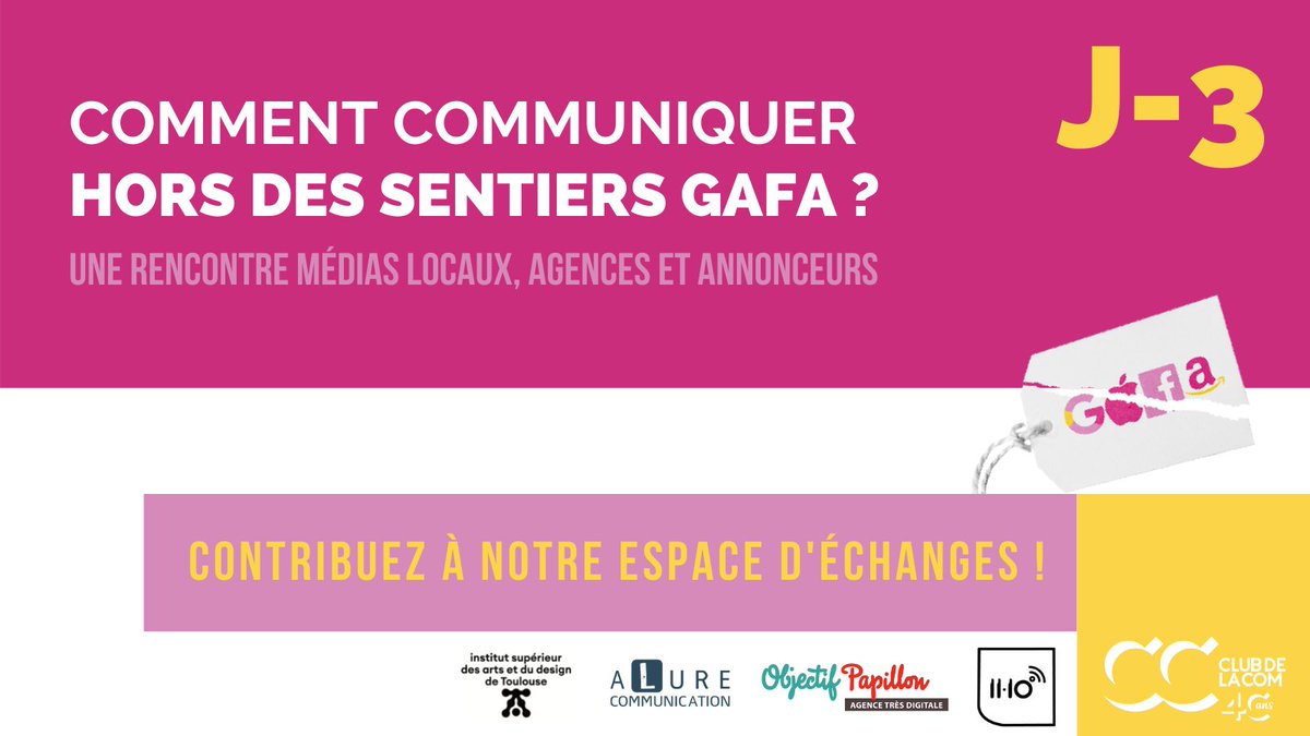 [Communiquer hors des sentiers GAFA] - J-3

Contribuez sur notre espace d’échanges dédié hors-sentiers-gafa.clubdelacom.fr  
En partenariat avec <a href="/Alurecom/">Alure Communication</a>, <a href="/ObjPapillon/">Objectif Papillon</a>, @onzedixiemes, <a href="/isdaT_fr/">isdaT</a>