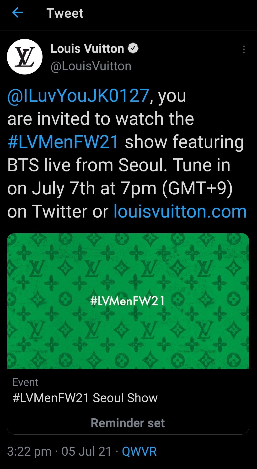 Louis Vuitton on Twitter: you are invited to watch the #LVMenFW21 show featuring BTS live Seoul. Tune in on July 7th at 7pm (GMT+9) on Twitter or https://t.co/C2G9Cq58Cx" /
