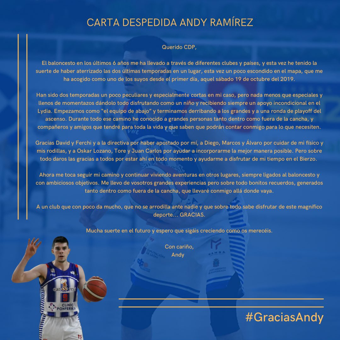 📝😢 CARTA DESPEDIDA | Andy Ramírez se despide de la que ha sido su casa durante las 2 últimas temporadas.

🙌🏼 ¡Gracias por tu trabajo y tu compromiso, Andy!

🤍💙 Siempre serás uno más de la #FamiliaCDP, eres parte de nuestra historia.

#JuntosParaSiempre #SomosCDP #GraciasAndy