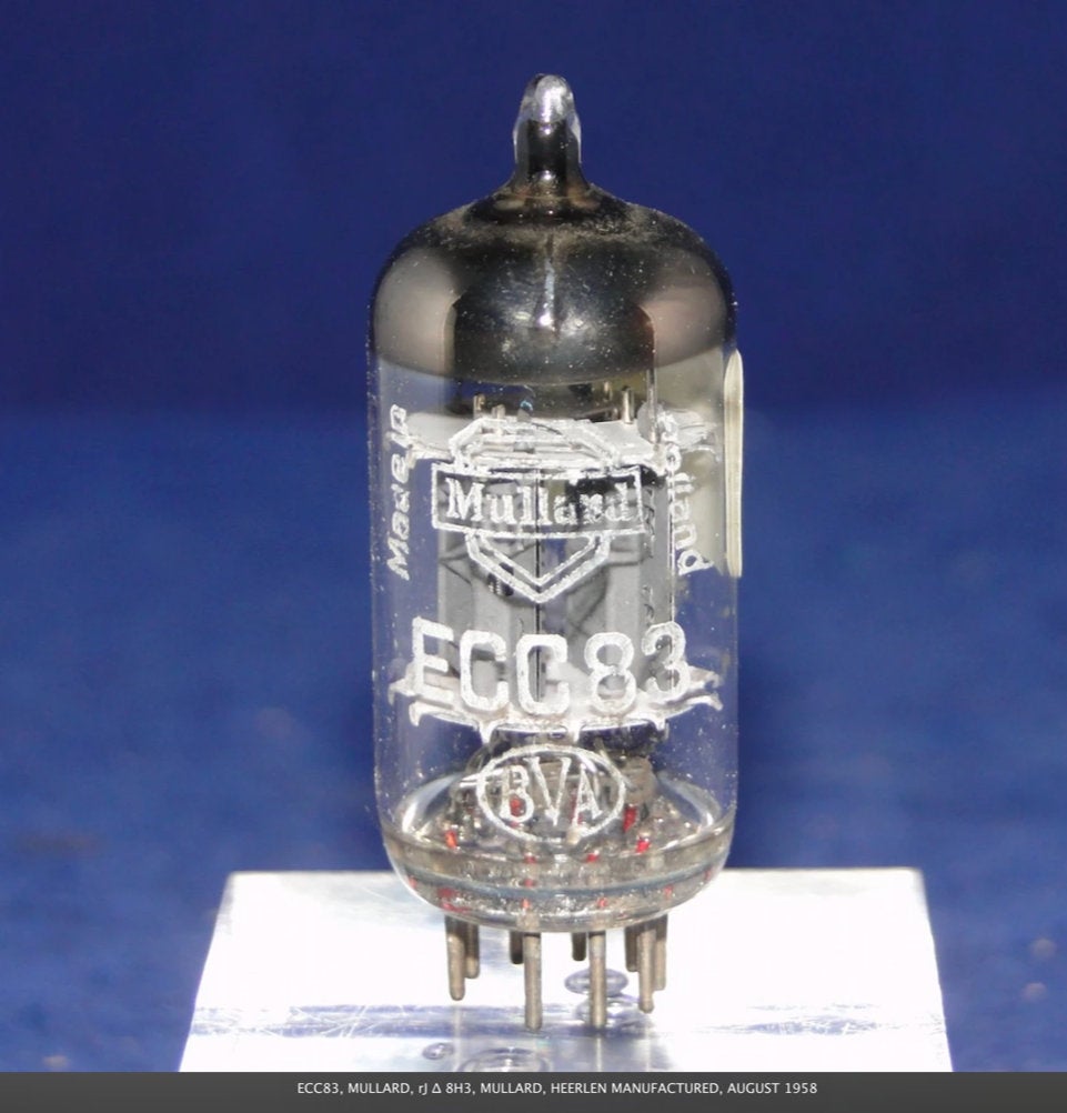 MullardAntiques's tweet photo. ECC83 Mullard Thermionic Valve, RJ Δ 8H3, Mullard, Heerlen manufactured, August 1958 https://t.co/xzBZ6wdGKo #vintagetechnology #brimar #ecc83 #longplate #12ax7 #cv4004 #twintriode #b9a #radiotube #mullardantiques https://t.co/gMmjFFOkMW