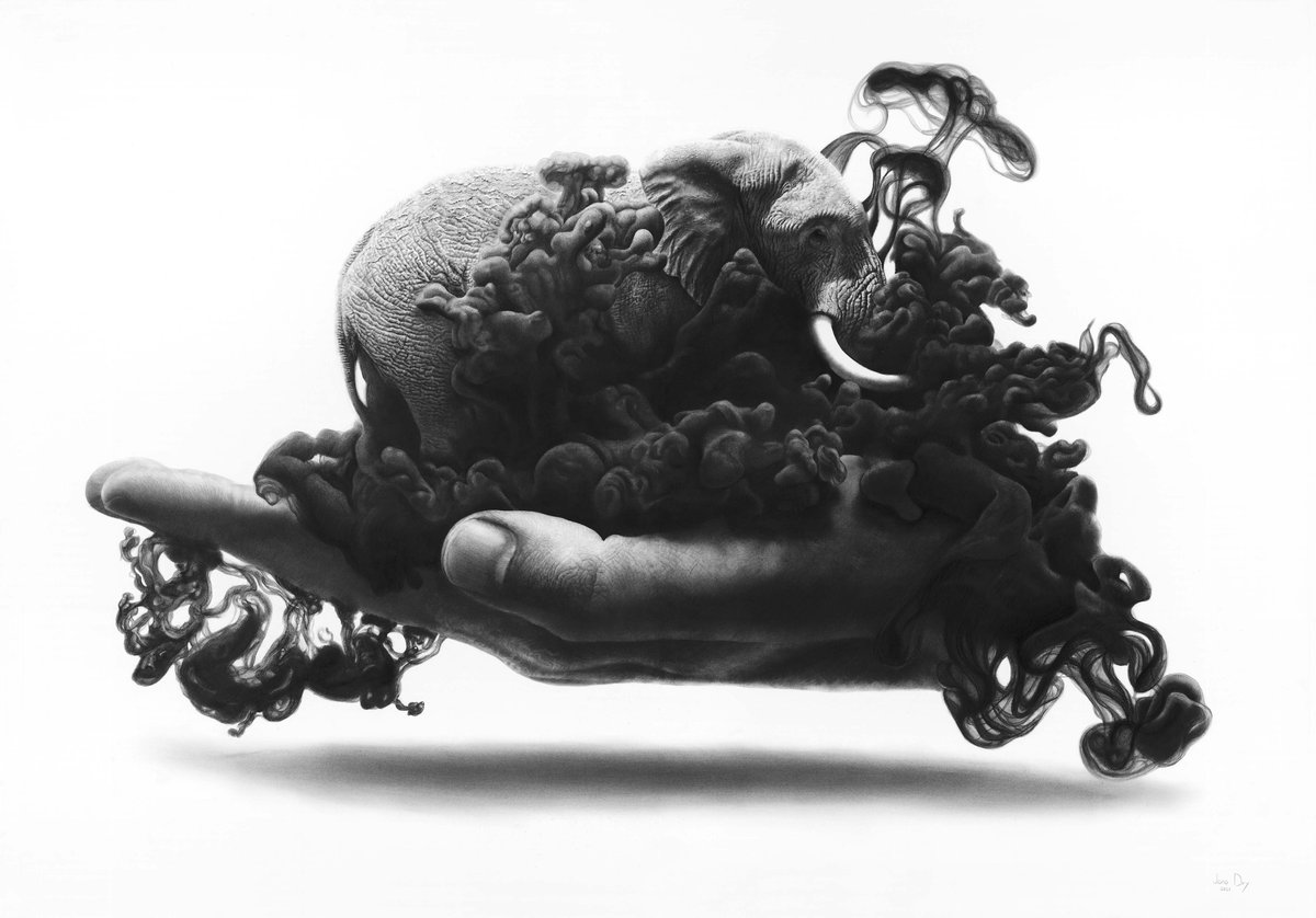 JonoDry's tweet image. "‘Dusk’ - Pencil on paper
Figures and mental health has become my primary subject matter, but in my earlier works I was a lot more focused on animals. It’s felt good to return to them again.
I also just really love elephants.
#hyperrealisticpencildrawings #hyperrealisticart