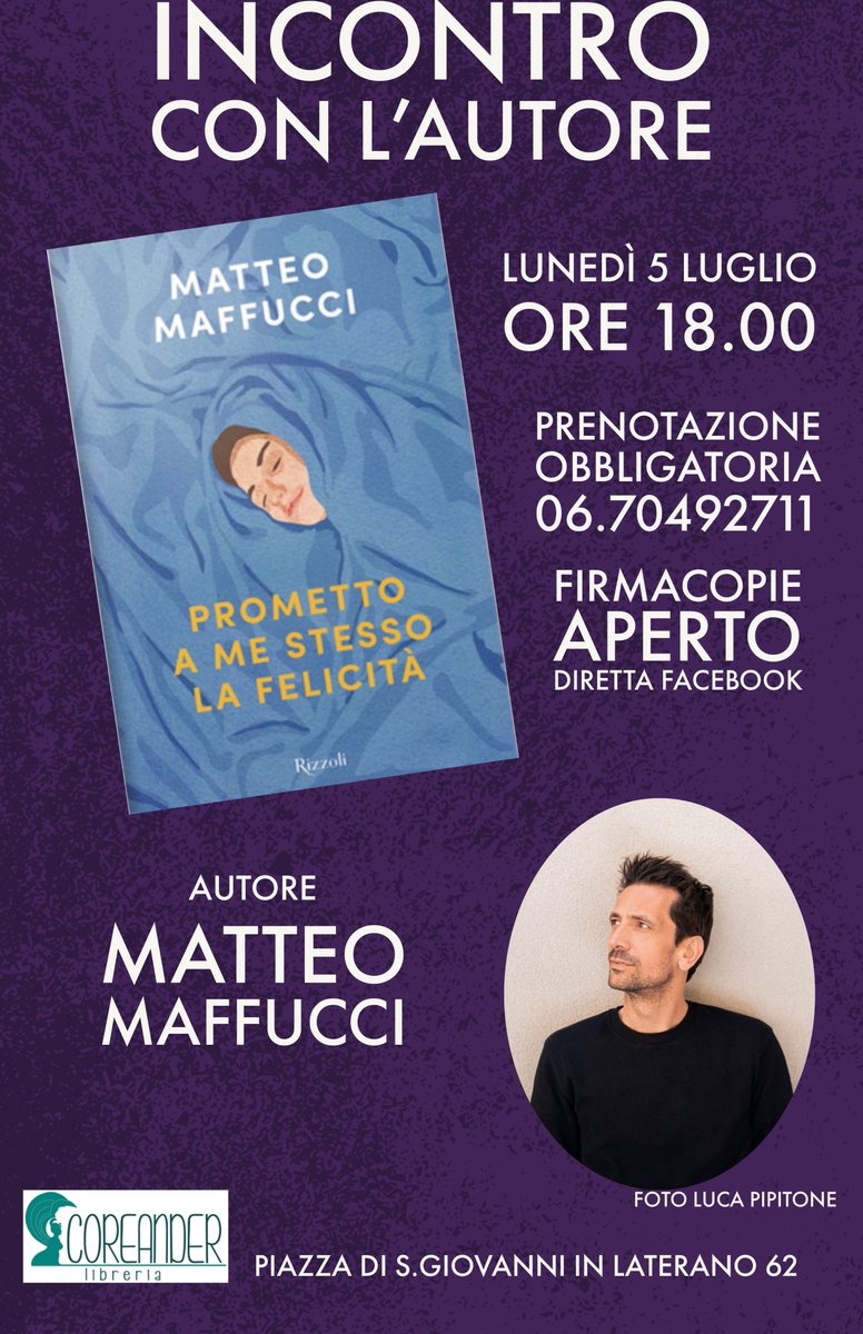 CoreanderLibri's tweet image. Oggi alle 18 si torna a presentare in presenza!
Ospiteremo #MatteoMaffucci degli #zeroassoluto che ci parlerà del suo nuovo romanzo #Promettoamestessolafelicita! Ci sono ancora pochissimi posti in sala, prenotatevi! 
#libri #librerie @RizzoliLibri