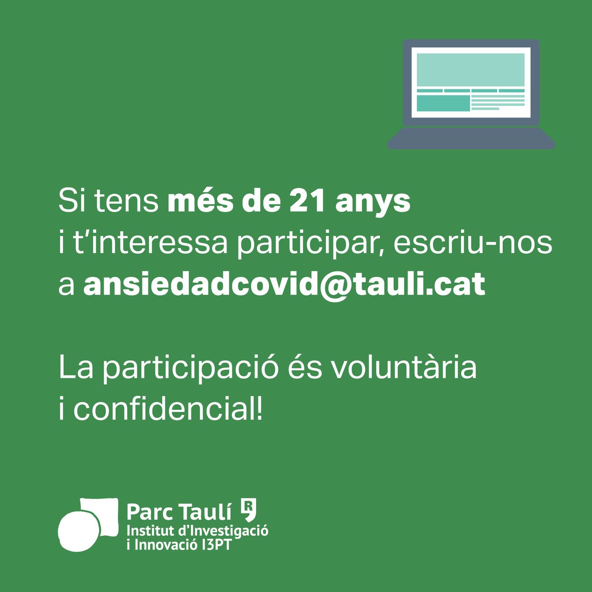 El Parc Taulí cerca persones voluntàries per participar en un estudi clínic que té per objectiu tractar, de manera remota, els sentiments de por intensa i d’angoixa constant davant la #COVID19. 

Més info 👉🏼bit.ly/3jFWEmp