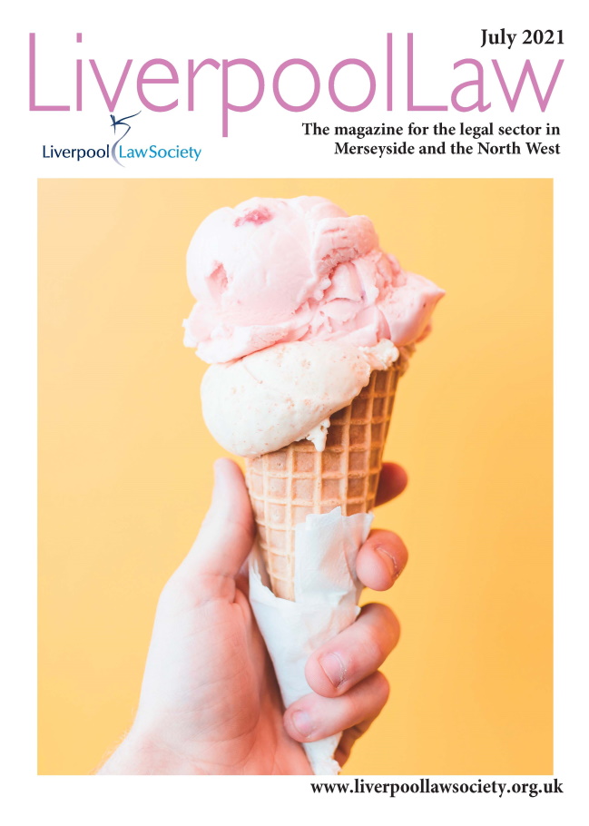 July 2021 edition of e-magazine 'Liverpool Law' with an ice cream in a cone on the front cover