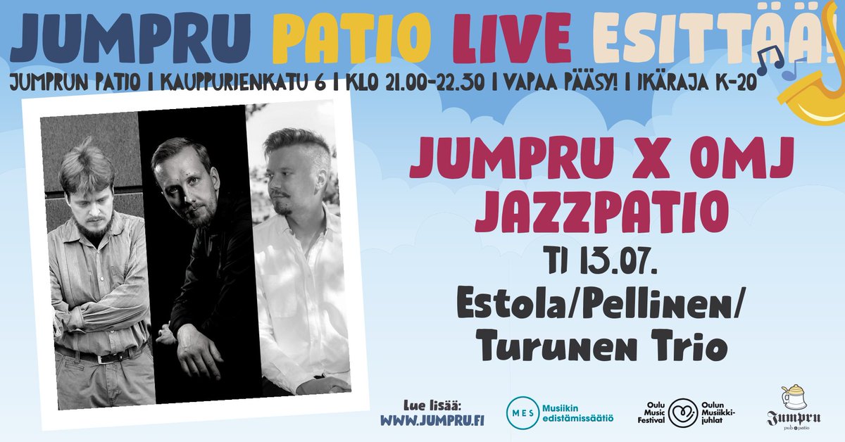 Tiistaina 13.7. 21:00 pääsemme jälleen nauttimaan jazzpation antimista, kun tuore EPT Trio nousee estradille! Konserttiin on vapaa pääsy. Tervetuloa!

<a href="/JumpruKaarle/">JumpruKaarle</a> <a href="/Festivaalit/">Finland Festivals</a> <a href="/JazzFinland/">Finnish Jazz Federation</a> <a href="/Oulu2026offici/">Oulu2026 Official</a> 

#jumpruxomj #omj #jazzpatio2021 #visitoulu #jannemikkonentrio