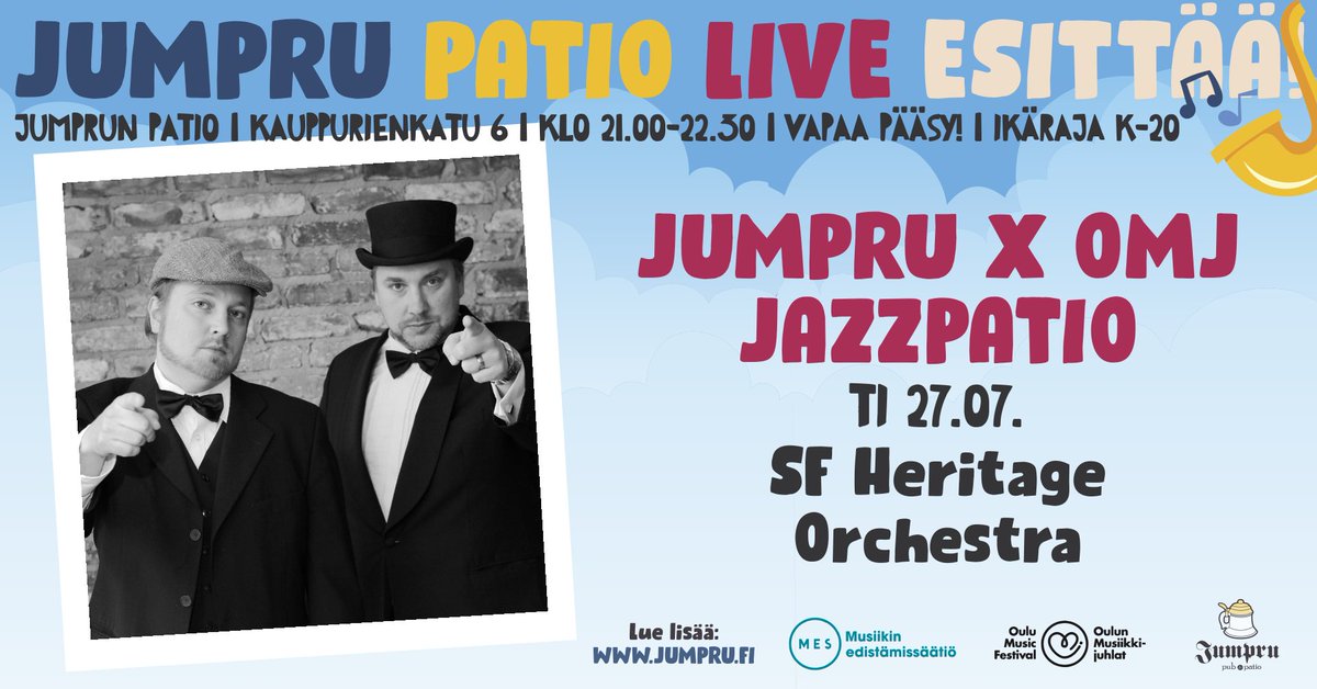 Tiistaina 21:00 aloittaa konserttinsa SF Heritage Orchestra, joka kunnioittaa musiikillaan 1900-luvun alkupuoliskolla syttyneitä suuria tähtiä. Tervetuloa Jumpruun!

<a href="/JumpruKaarle/">JumpruKaarle</a> <a href="/Festivaalit/">Finland Festivals</a> <a href="/Oulu2026offici/">Oulu2026 Official</a>

#jumpruxomj #omj #jazzpatio2021 #visitoulu #oulu2026