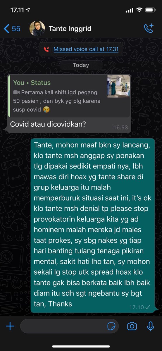 Punya sodara yg bebal n ga percaya covid itu jd PR tersendiri bwt gw, in my defense gw selalu balesin dan myth bust segala hoax di grup keluarga mau itu yg ngirim om or tante. getting tired is also tired! kyk gini bisa di cut gak sih dari list keluarga 😩