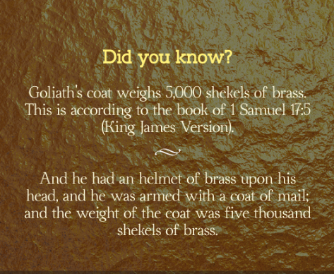 Ἔλεος ☆ On Twitter: "Did You Know? Goliath's Coat Weighs 5,000 Shekels Of  Brass? This Is According To The Book Of 1 Samuel 17:5 (King James Version).  #Thusthebiblespeaks #Biblicaltruthsunfold #Globalprayerforhumanity  Https://T.co/Zhhlyd4Tnx" / Twitter