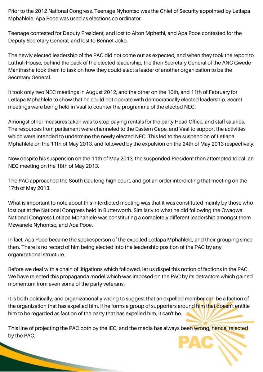 PAC_headquaters's tweet photo. The history of litigations in the the PAC, and its relationships with the recent so-called "court battles for the leadership of the PAC." 

05 July 2021, Monday 

#RegisterToVotePAC | #VotePAC | #IzweLethu https://t.co/A0a4LYaHXN