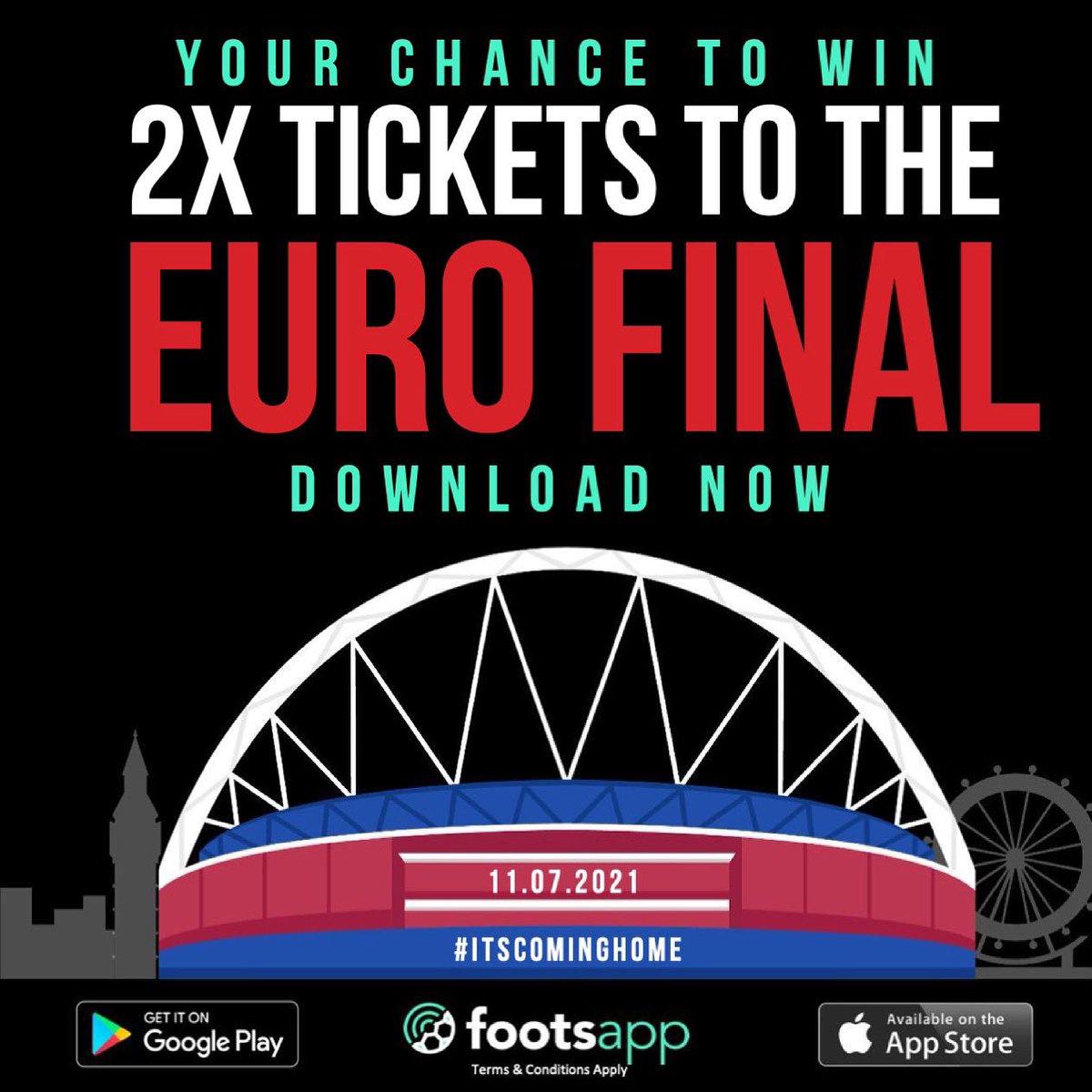 thefootsapp's tweet image. Fancy a chance to win 2x EURO 2020 Final Tickets?! Simply follow these 3 steps:

1. FOLLOW our page @thefootsapp 🤝
2. RT this post ♻️ 
3. Download our app (link in bio) 📲 

Winner announced Friday 9th July!