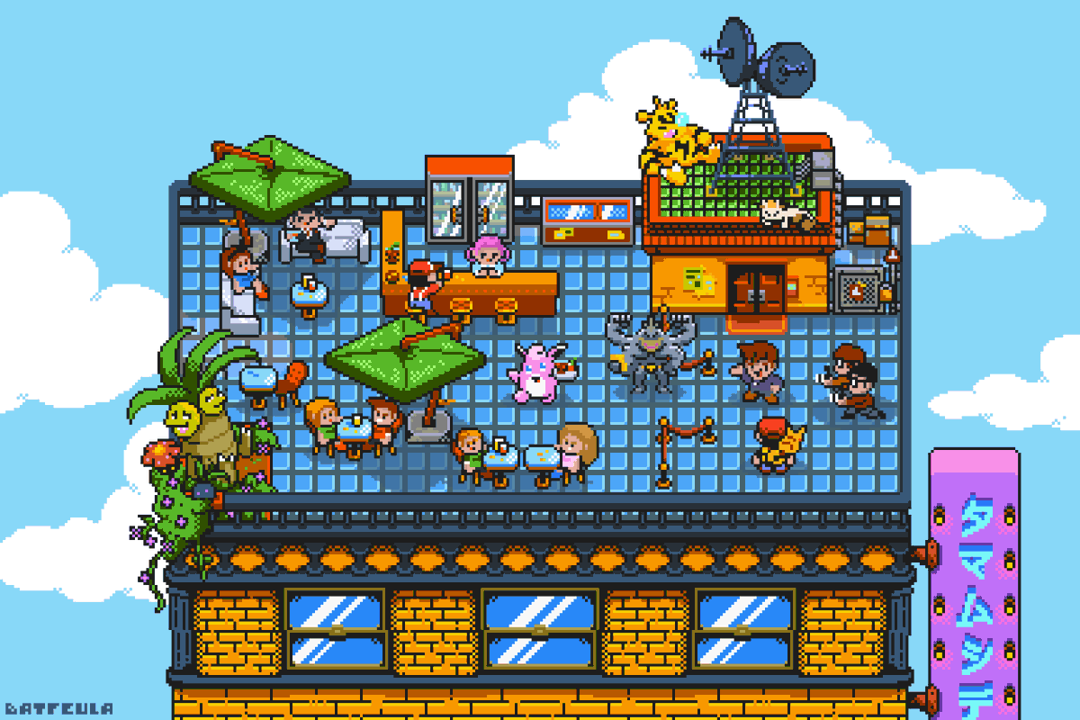 batfeula's tweet photo. On these hot summer days there is nothing better than having an ice cold drink at the exclusive view bar on the top of the Cealadon Dept Store!

My third (and probably last) entry for #KantoRedrawn

Hope you like it!

#pixelart https://t.co/BmuqxSx0dh