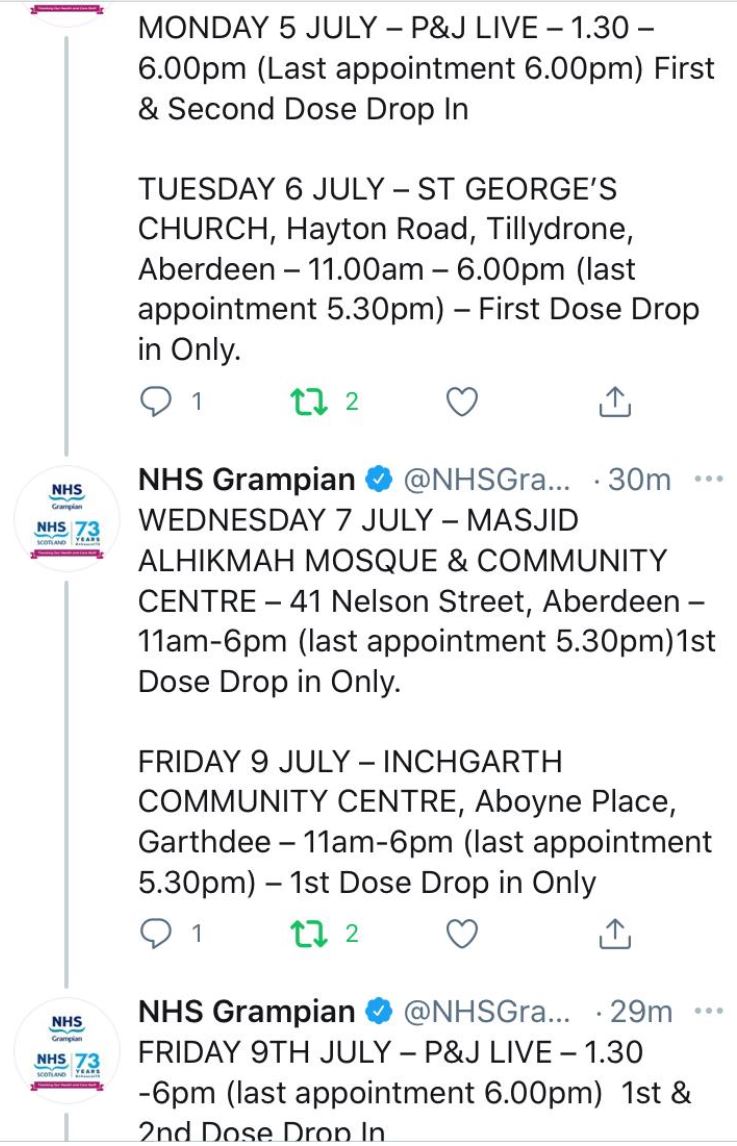 MORE #COVID19 Vaccine DROP IN CLINICS IN ABERDEEN THIS WEEK!  Live in #Aberdeen City, 18 and over, yet to have your first dose of vaccine, then come along to a drop in clinic

Please share