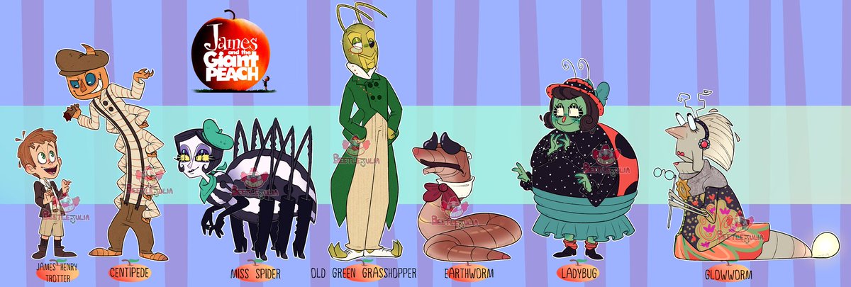 #beetlejulia #beej #digitalart #drawing #lineup #characterslineup #cartoon #timburton #henryselick #stopmotion #jamesandthegiantpeach #roaldahl #stopmotion #film #corpsebride #charlieandthechocolatefactory #thewitches #missspider #mrcentipede #jameshenrytrotter #ladybug