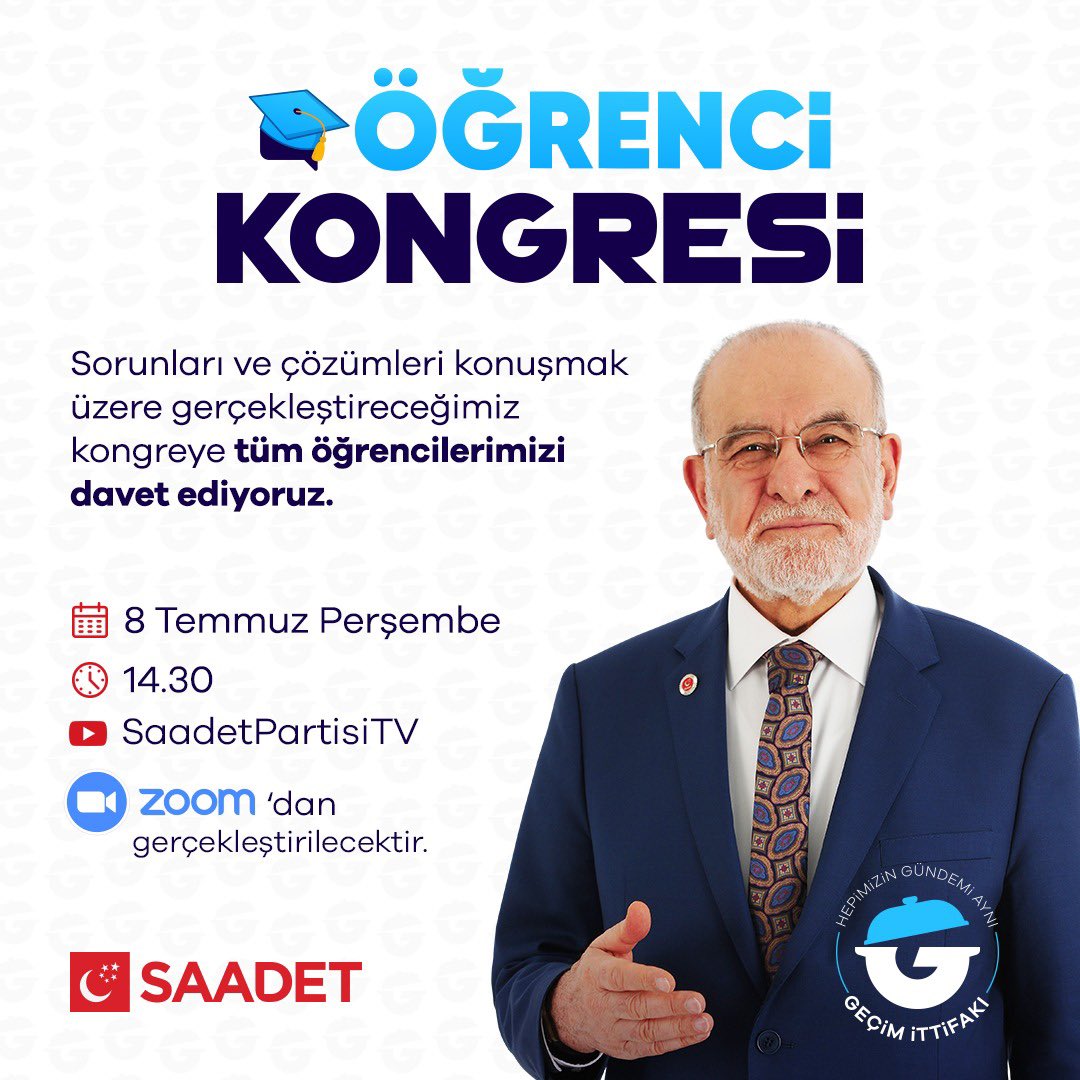 8 Temmuz Perşembe günü saat 14.30'da Genel Başkanımız Temel Karamollaoğlu'nun katılımlarıyla öğrencilerimizin sorunlarını ve çözüm yollarını konuşacağız.

Kayıt İçin: ogrenci.saadet.org.tr
