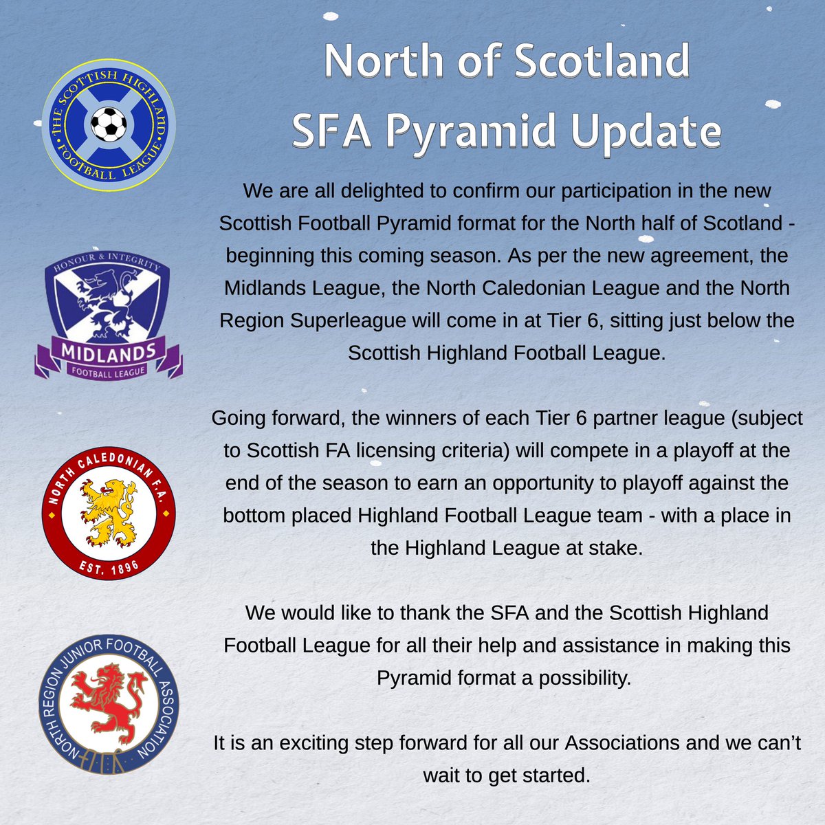 SCOTTISH FOOTBALL PYRAMID UPDATE #NorthCaley #ScottishPyramid 

Please see below a joint statement from the Midlands Football League, the North Caledonian League and the North Region Juniors regarding the Scottish Football Pyramid system. 

Exciting times ahead ⚽️⚽️