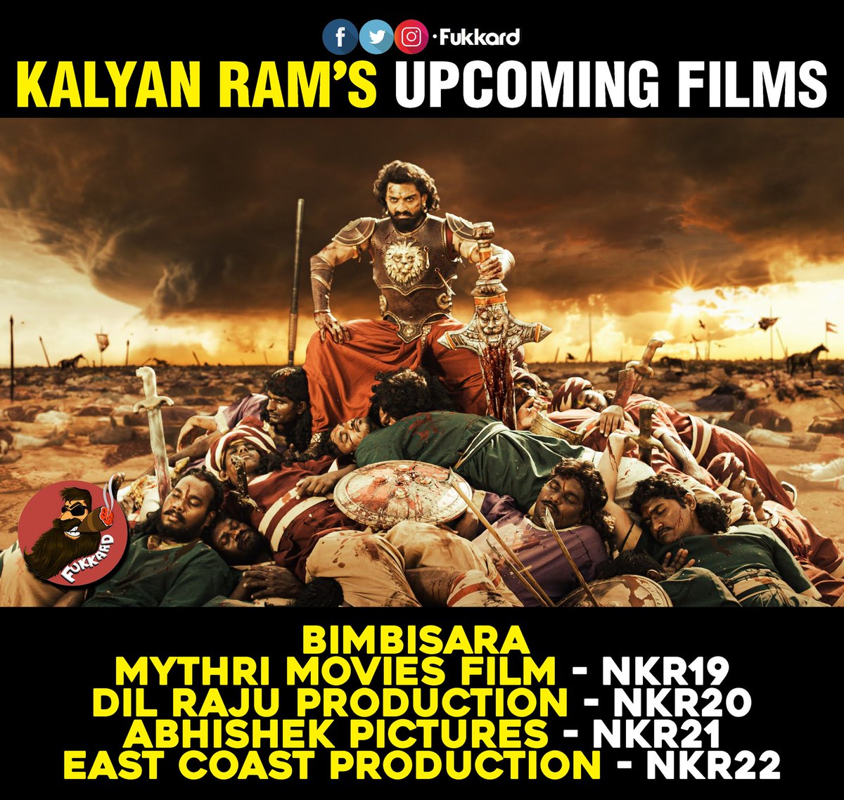 Kalyan Ram Upcoming Films 

👉Bimbisara 
👉Mythri Movies Film - #NKR19
👉Dil Raju Production - #NKR20
👉Abhishek Pictures - #NKR21
👉East Coast Production - #NKR22.               #HappyBirthdayNKR #HappyBirthdayKalyanRam @NANDAMURIKALYAN 🔥🔥🔥