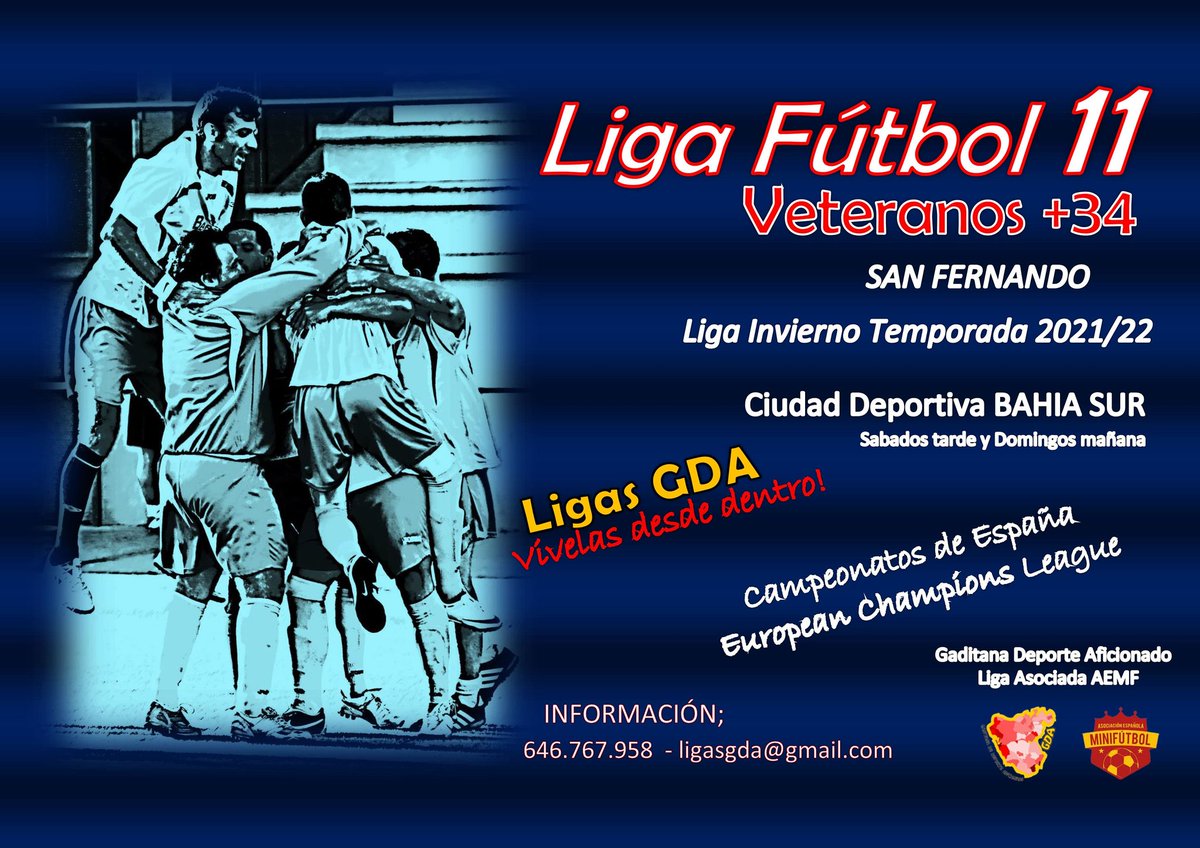 Plazo abierto de Información e inscripciones para la I Liga de Fútbol 11 Veteranos +34 que tendrá lugar en Bahía Sur  temporada 21 - 22.

Mira aquí las bases de Liga y solicita información:

ligasgda.mygol.es/content/38 

Información en ; ligasgda@gmail.com o en el 646.767.958