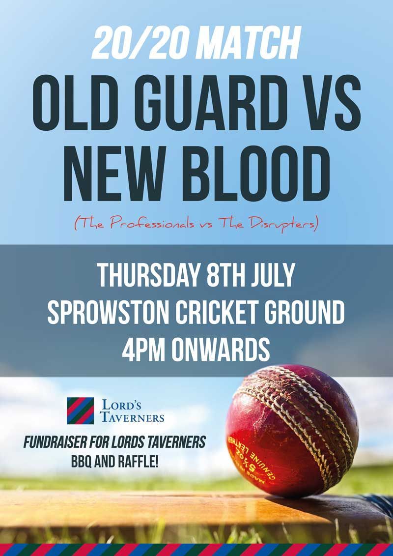Old Guard vs New Blood 🏏 

Come and join us this Thursday at Sprowston Cricket Ground for an evening of cricket, BBQ, raffles and drinks! The event is in the aid of The Lord Taverners, who do a fantastic job as the UK's leading youth cricket and disability sports charity.