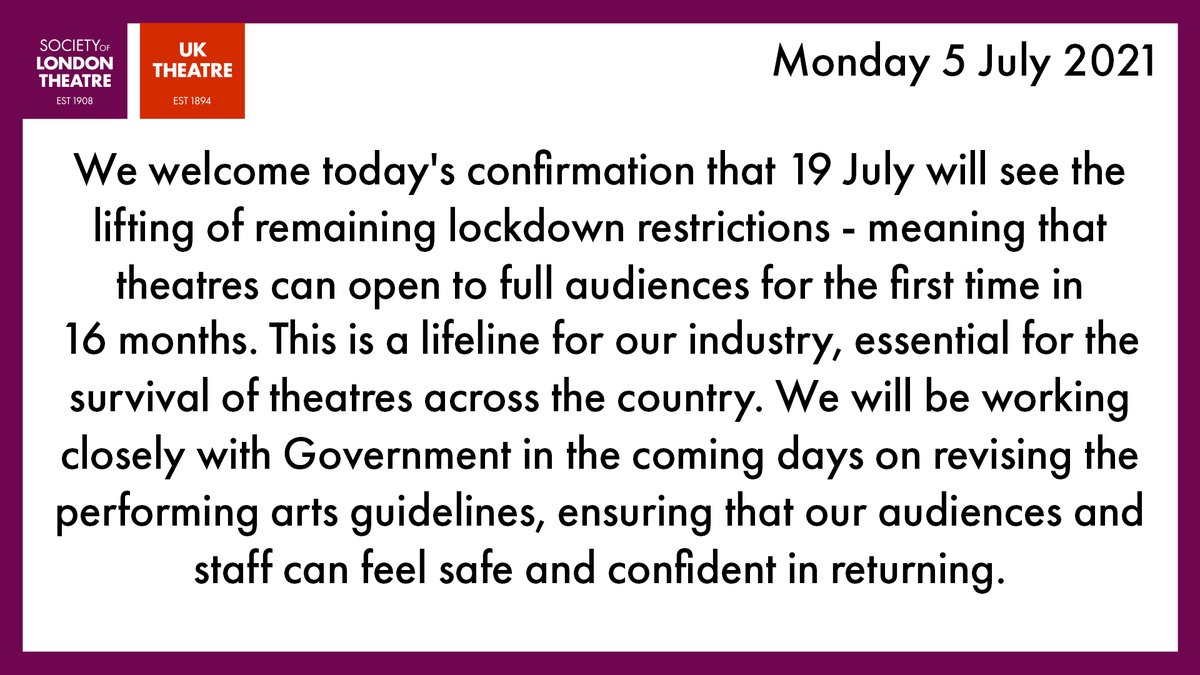 SOLTnews's tweet photo. Statement from @julianpbird, Chief Executive of SOLT &amp; @uk_theatre on the proposed lifting of lockdown restrictions. https://t.co/EnyU8Tdfr5