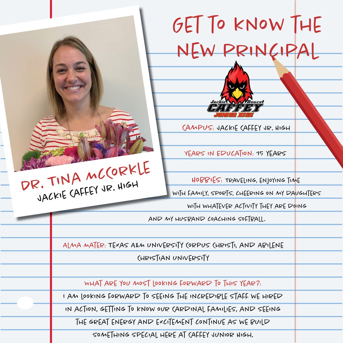 AlvinISD's tweet photo. Get to know Dr. Tina McCorkle, the first principal of the new Jackie Caffey Jr. High! @CaffeyJH https://t.co/bKu1N3aGhk