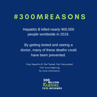 HepBFoundation's tweet photo. Two billion people (1 in 3) have been infected with #hepatitisB &amp; nearly 300 million people are living w/ chronic #hepB. One million people die from #HBV annually, despite the fact it's preventable &amp; treatable. Take action today! #300MReasons #BInformed https://t.co/A4RuioPvrB https://t.co/l902N0Ux4g