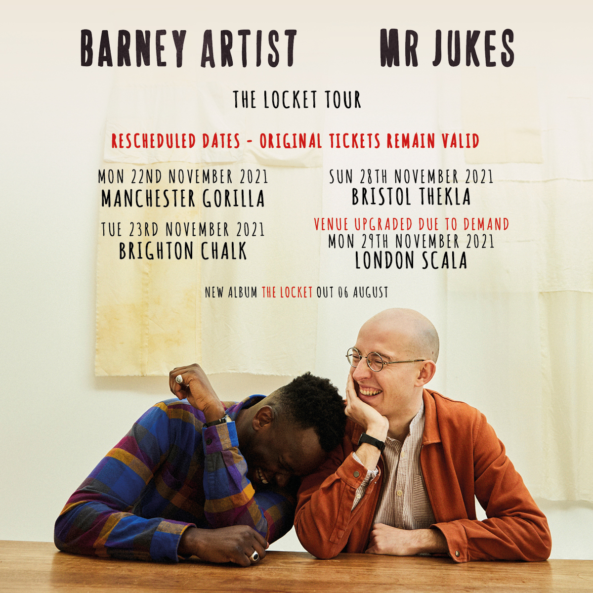 New dates and we've upgraded London venue! Thank you all for buying tickets. Unfortunately we couldn't reschedule Notts & B'ham but we're going to come and play some instores for you when the album is out in August Tickets: gigst.rs/mrjba Love Jack and Barney ❤️
