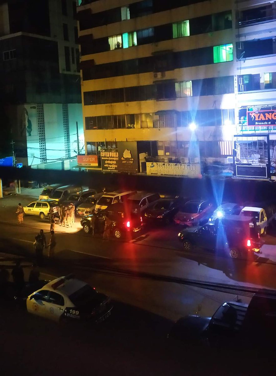 Wint2205's tweet photo. #MyanmarMilitaryTerrorists invaded into Anaw-Rahta Rd, Yangon's Sule Tsp at around 10:08 PM tonight. Junta's informant brought Terrorists there.  LEGALIZE NUG #July5Coup  #WhatsHappeningInMyanmar https://t.co/Mpdyi9msn2
